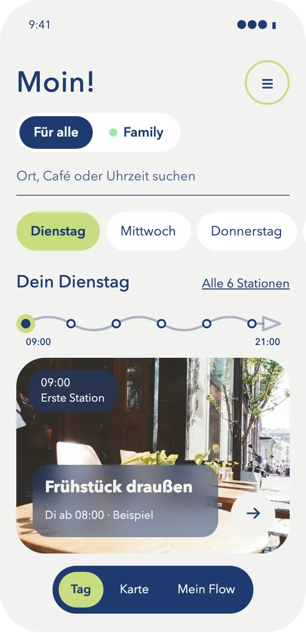 So sieht LüneFlow am Handy aus: der Dienstag mit Gruß, Tagen als Pillen, der Linie und der ersten Station