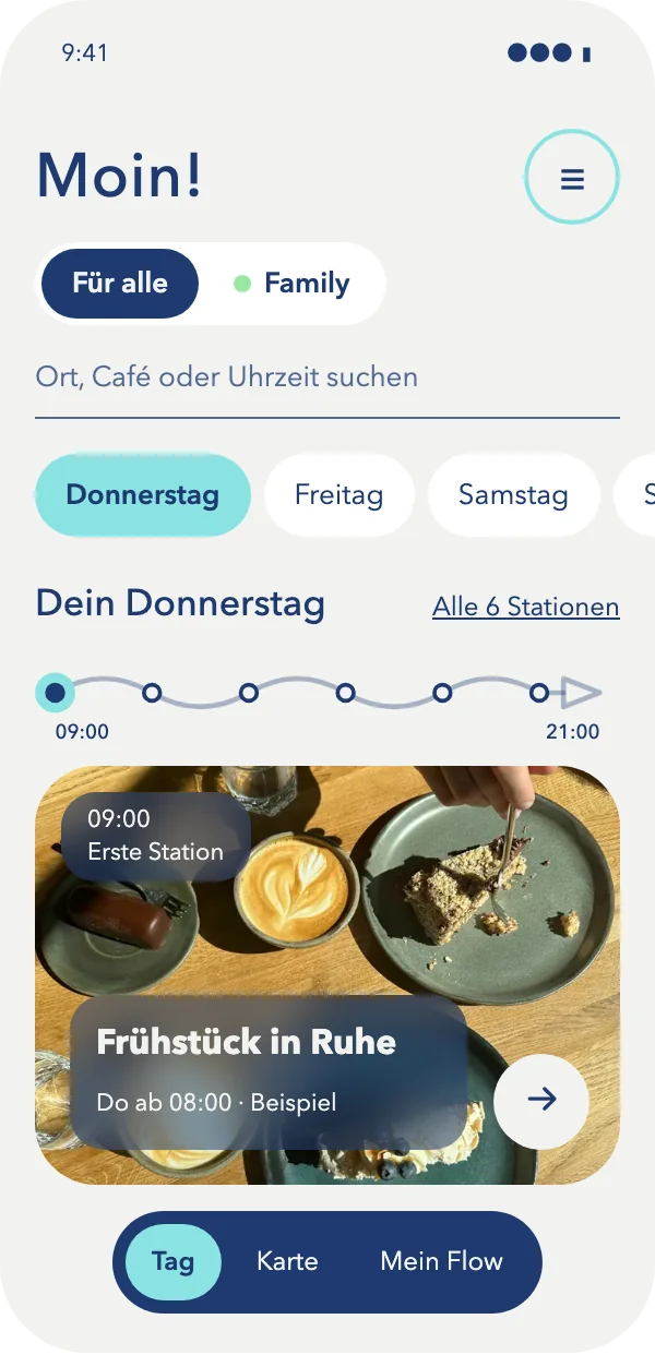 So sieht LüneFlow am Handy aus: der Donnerstag mit Gruß, Tagen als Pillen, der Linie und der ersten Station