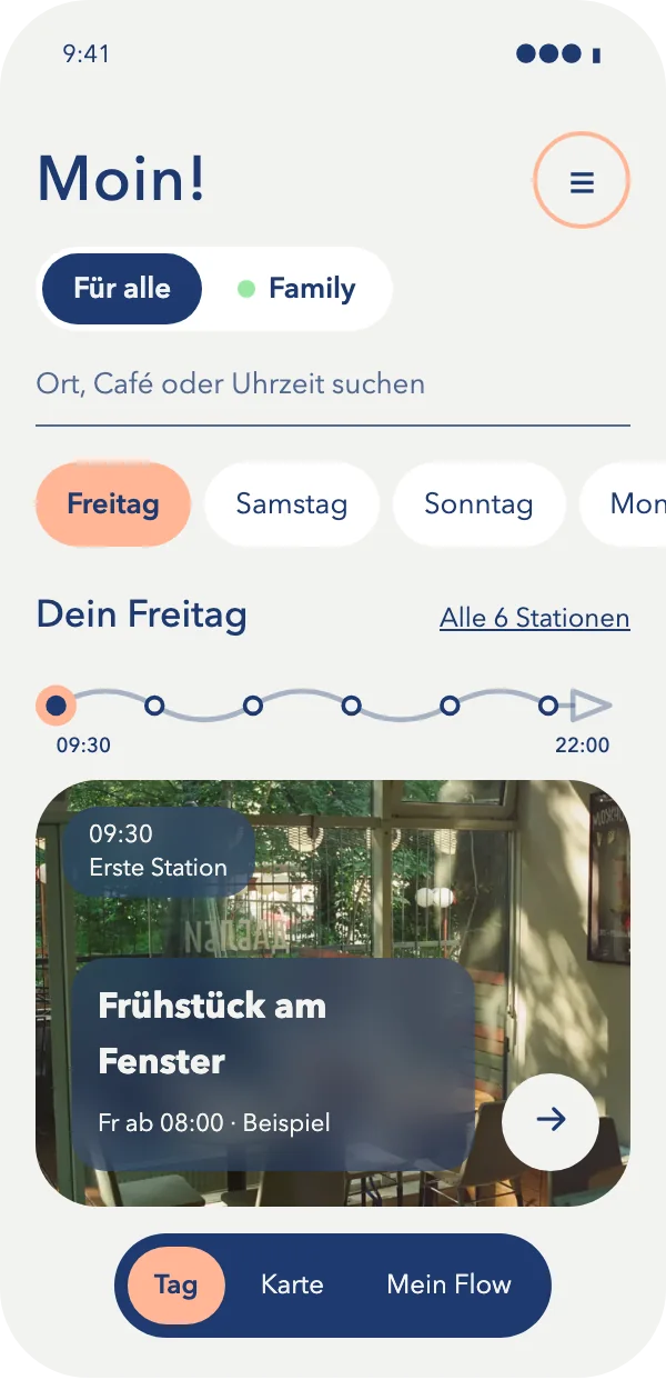 So sieht LüneFlow am Handy aus: der Freitag mit Gruß, Tagen als Pillen, der Linie und der ersten Station
