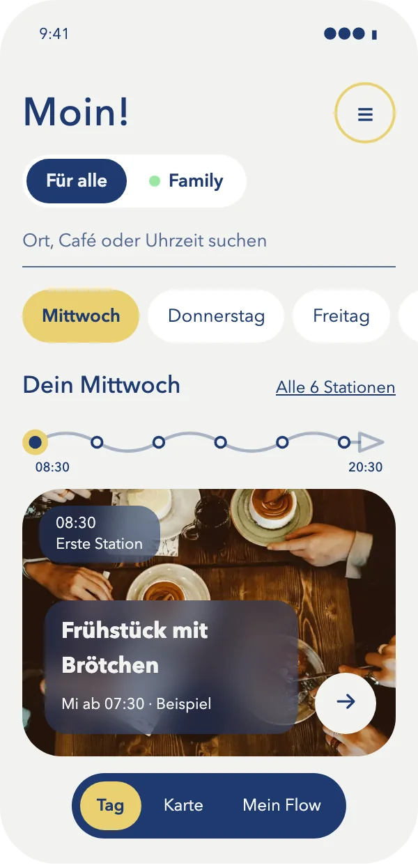 So sieht LüneFlow am Handy aus: der Mittwoch mit Gruß, Tagen als Pillen, der Linie und der ersten Station