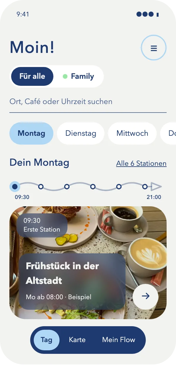 So sieht LüneFlow am Handy aus: der Montag mit Gruß, Tagen als Pillen, der Linie und der ersten Station