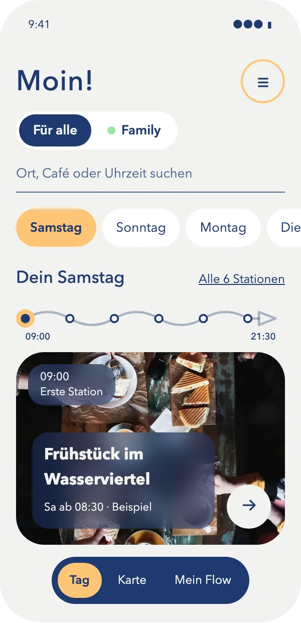 So sieht LüneFlow am Handy aus: der Samstag mit Gruß, Tagen als Pillen, der Linie und der ersten Station