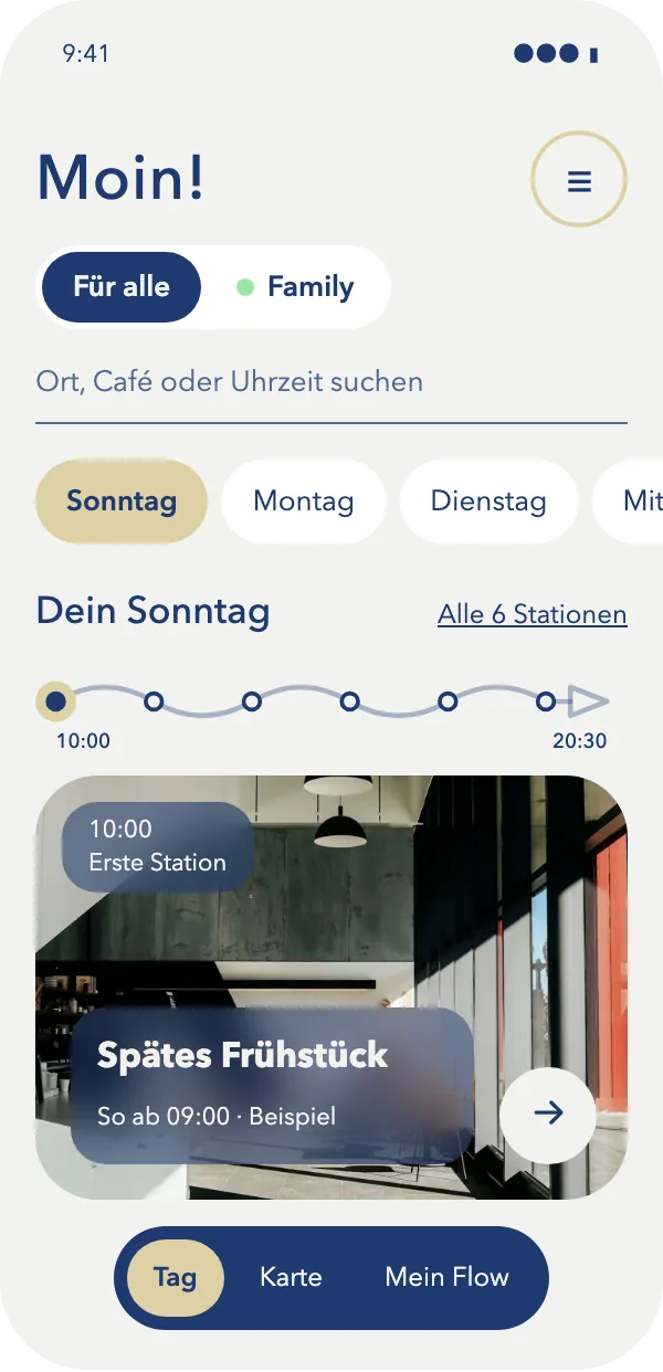 So sieht LüneFlow am Handy aus: der Sonntag mit Gruß, Tagen als Pillen, der Linie und der ersten Station